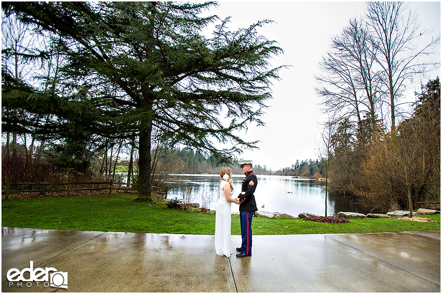 Destination wedding first look by the lake