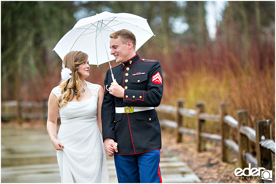 Destination wedding couple portraits in the rain