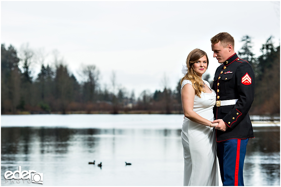 Destination wedding portraits by a lake