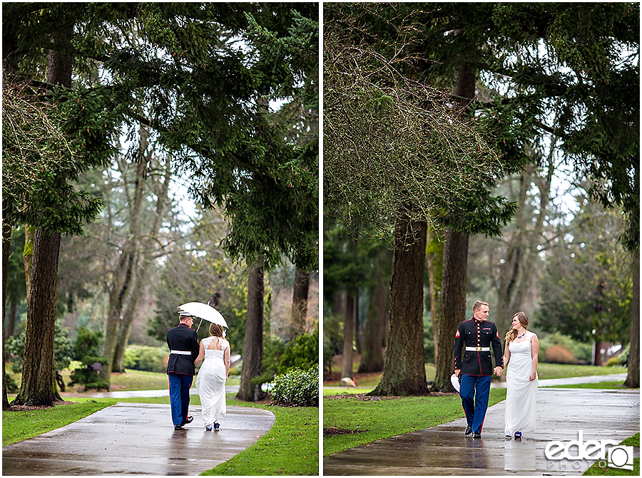 Destination wedding photos of couple walking in the rain