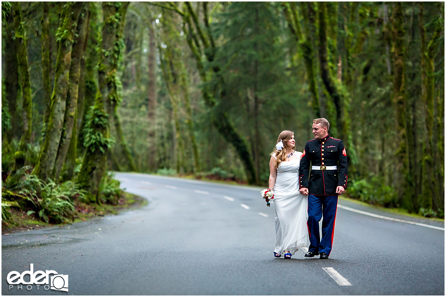 Military couple walking down the road