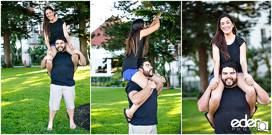 Hotel Del Coronado Engagement Session on front lawn 