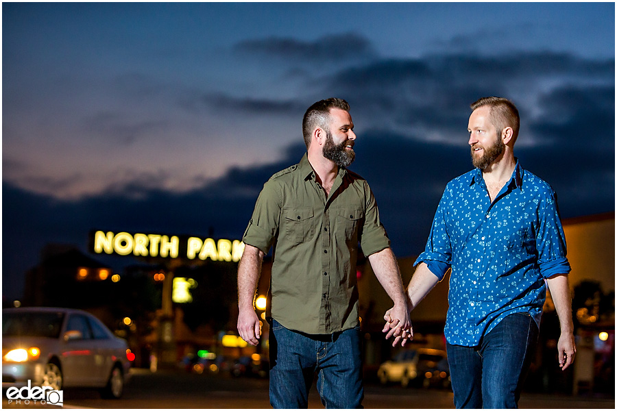 Night time engagement session in North Park