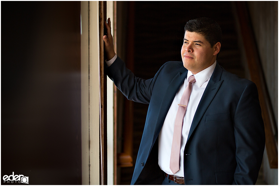 Groom portraits at Marina Village a Mission Bay wedding venue.