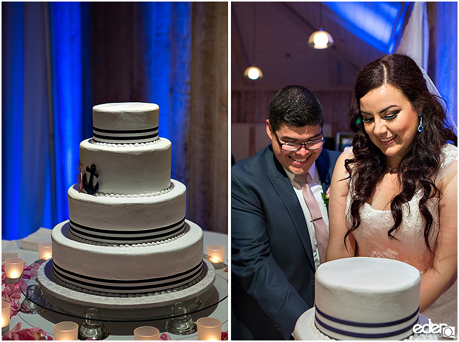 Cake cutting during reception at Marina Village Wedding venue