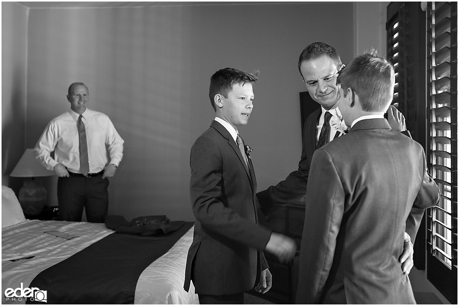 Groom and sons during Old Town San Diego wedding getting ready.