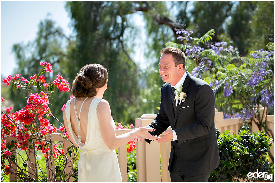 First look in Old Town San Diego for Junipero Serra Museum wedding.