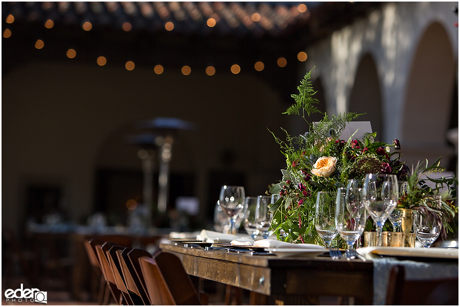 Table decor at Junipero Serra Museum wedding in Old Town San Diego.