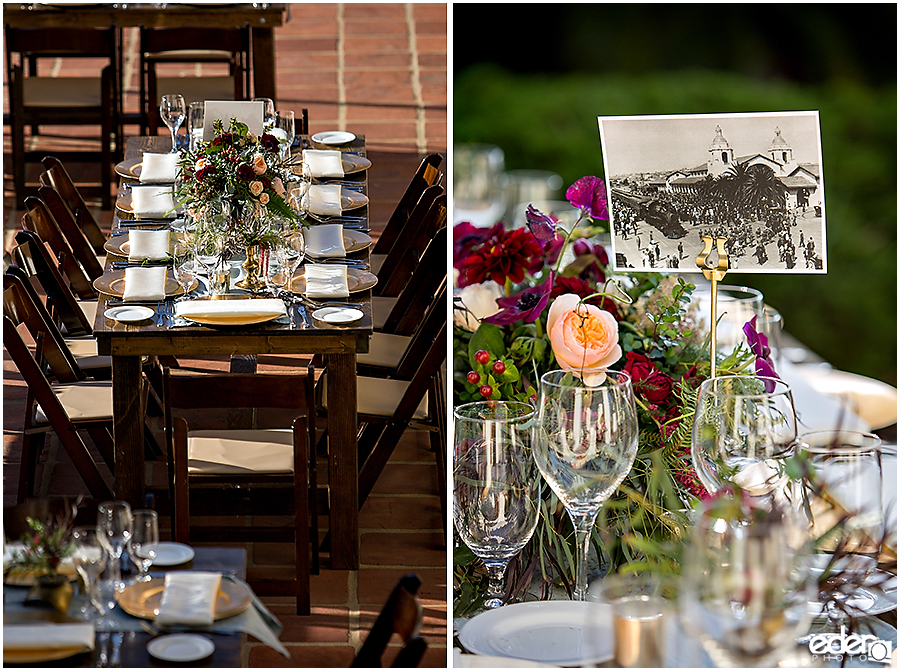 Table decor and flowers at Junipero Serra Museum wedding in Old Town San Diego.