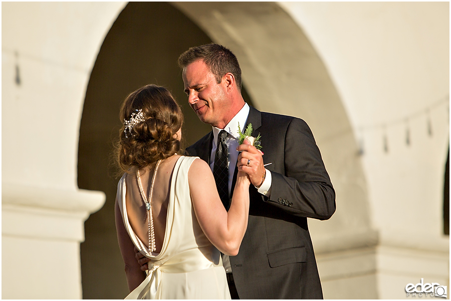 Bride and groom first dance at Junipero Serra Museum wedding in Old Town San Diego.