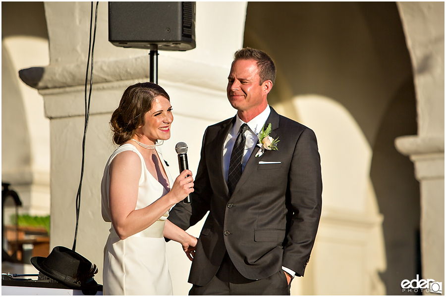 Welcome speech at Junipero Serra Museum wedding in Old Town San Diego.