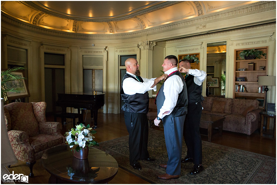 Groom and groomsmen getting ready at Glorietta Bay Inn from wedding in Coronado, CA.