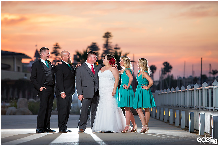 Sunset photos with bridal party at Coronado Community Center wedding. 