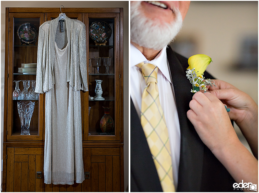 Yellow boutonniere for At-Home Wedding Photography.