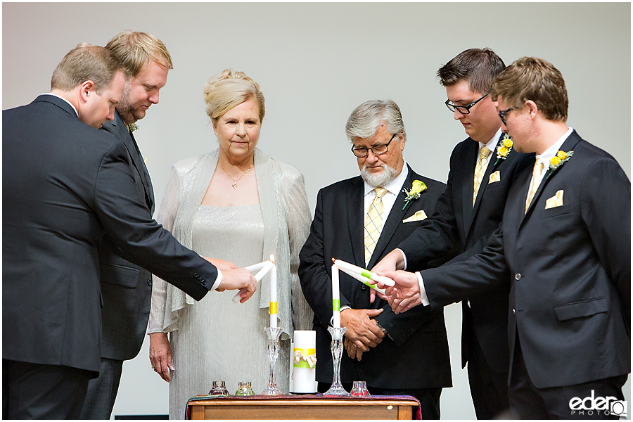 Small church wedding photography candle lighting ceremony.