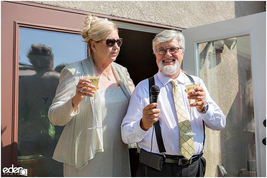 At-Home Wedding Photography back yard reception toasts.