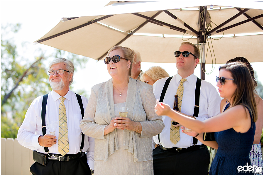 At-Home Wedding Photography back yard reception toasts.