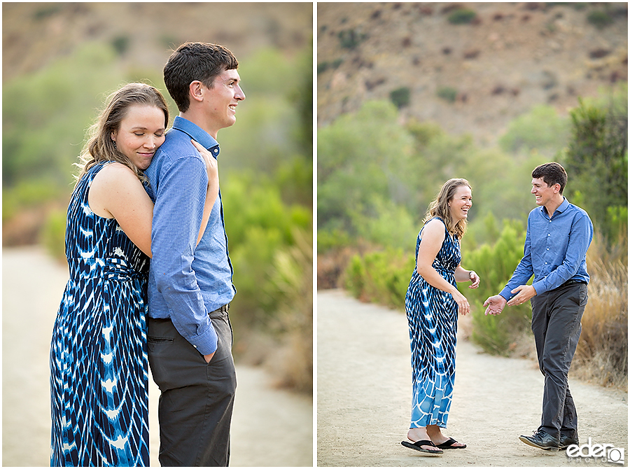 Walking down a trail during an engagement session in Mission Trails Regional Park.