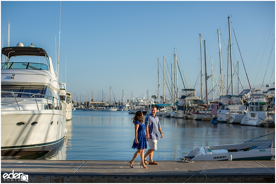 Walking on the dock for an engagement session in Point Loma.