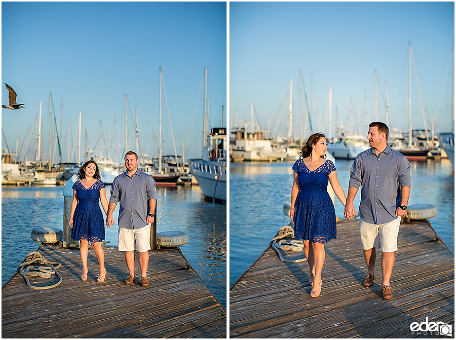 Walking on a dock during a Point Loma engagement session.