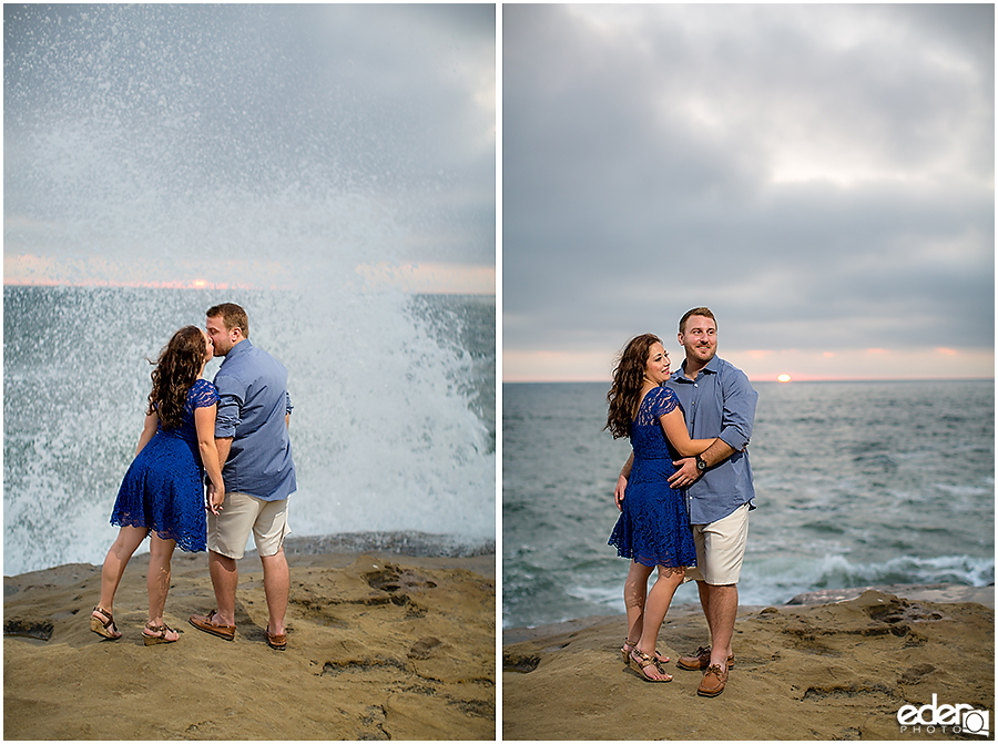 Waves splashing during a San Diego engagement session.