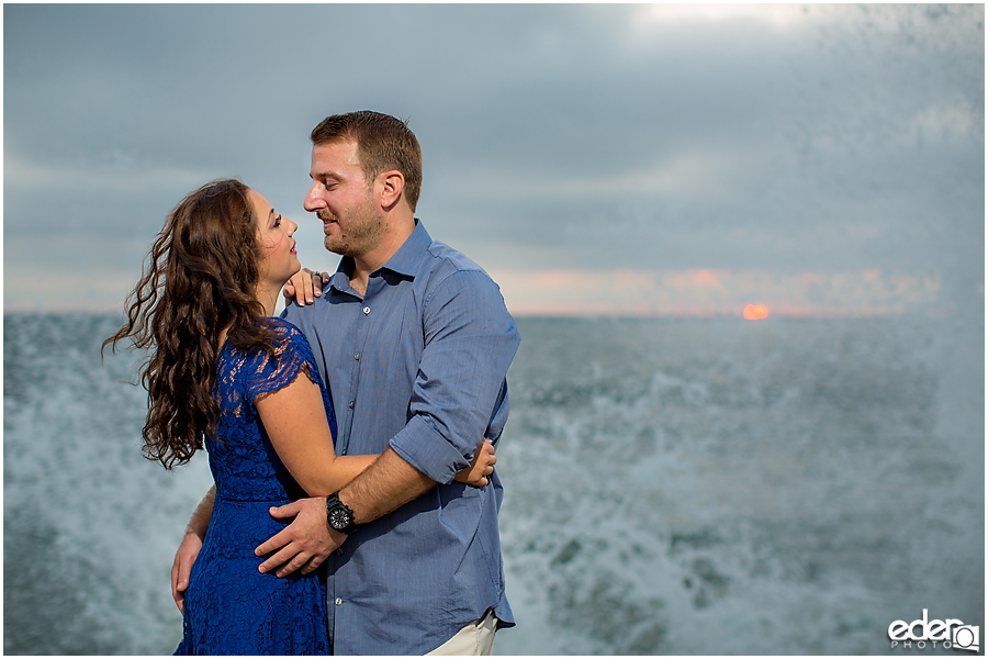 Waves splashing during an engagement session in Point Loma. 