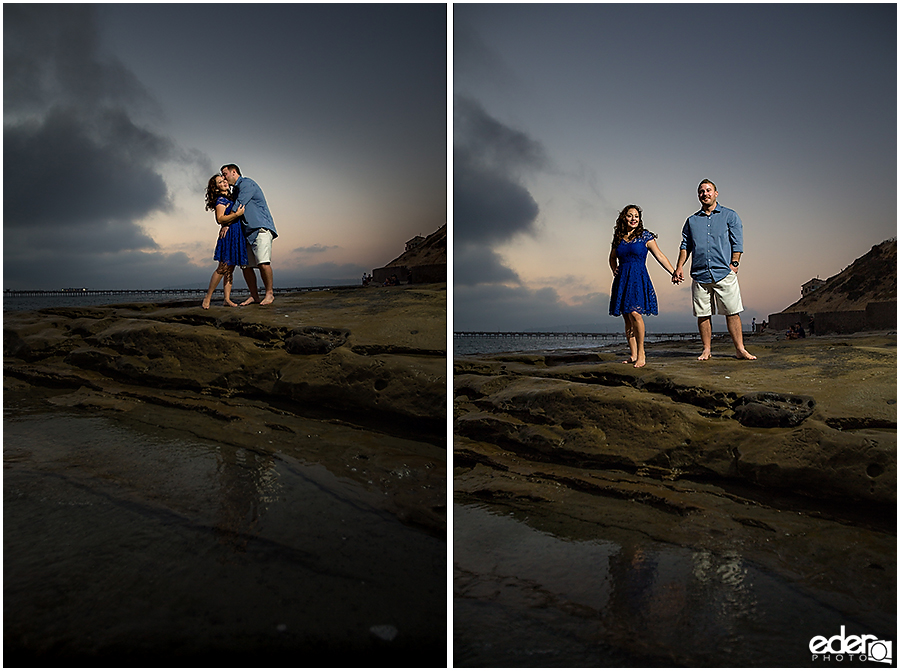 Reflection in water during San Diego Sunset Cliffs engagement session.