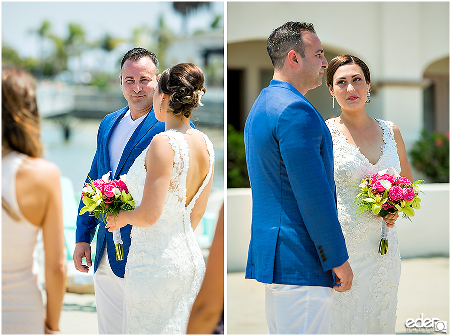 Bride and groom during beach elopement at the Kona Kai Resort in San Diego, CA.