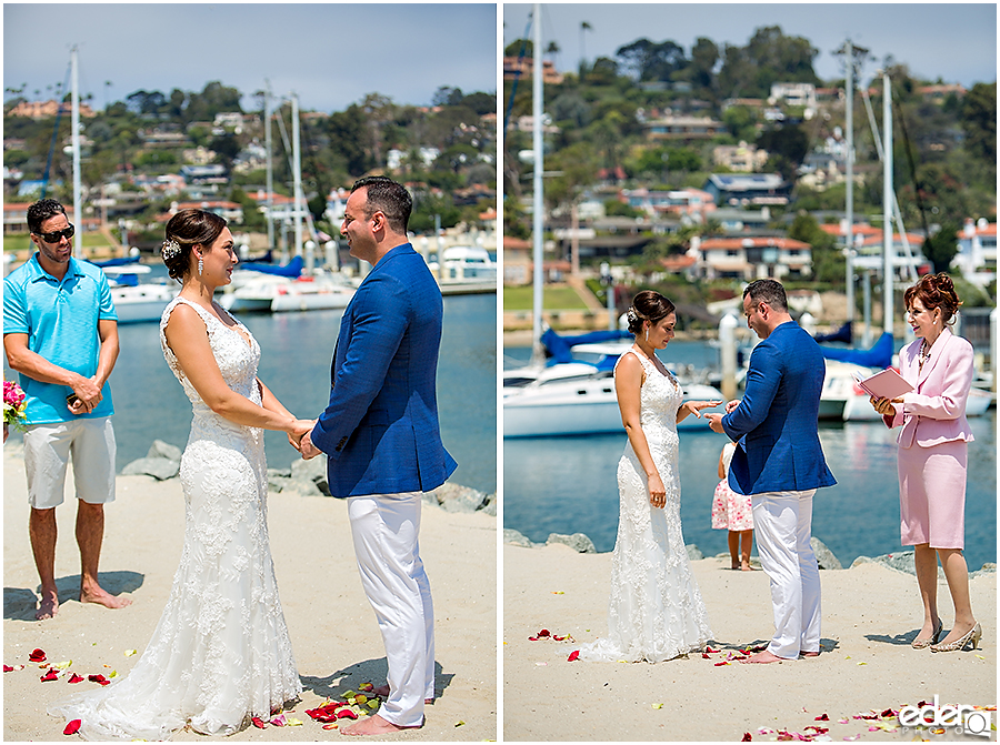 Marina backdrop for beach elopement at the Kona Kai Resort in San Diego, CA.