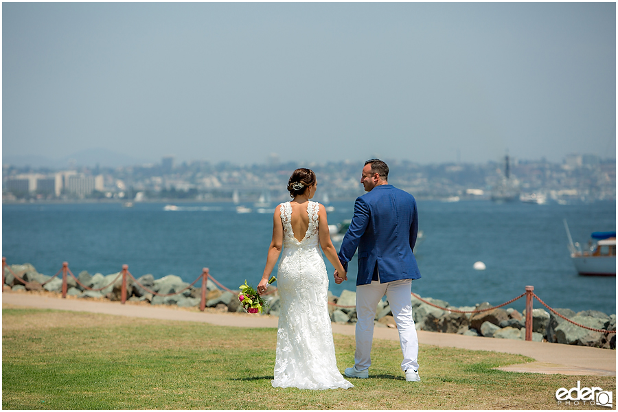 Bride and groom San Diego harbor photos.