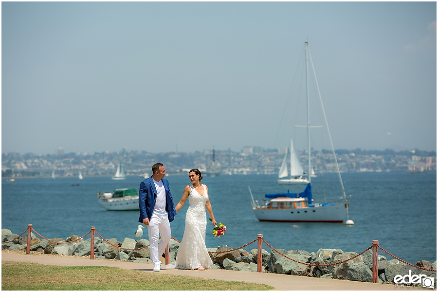 Bride and groom San Diego harbor elopement photos.