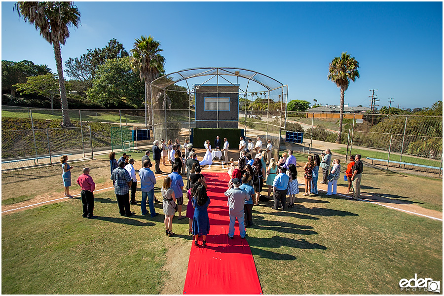 Little league field for baseball themed wedding ceremony. 