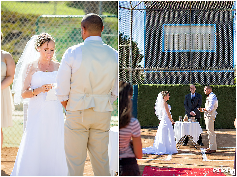 exchanging vows during baseball themed wedding ceremony. 