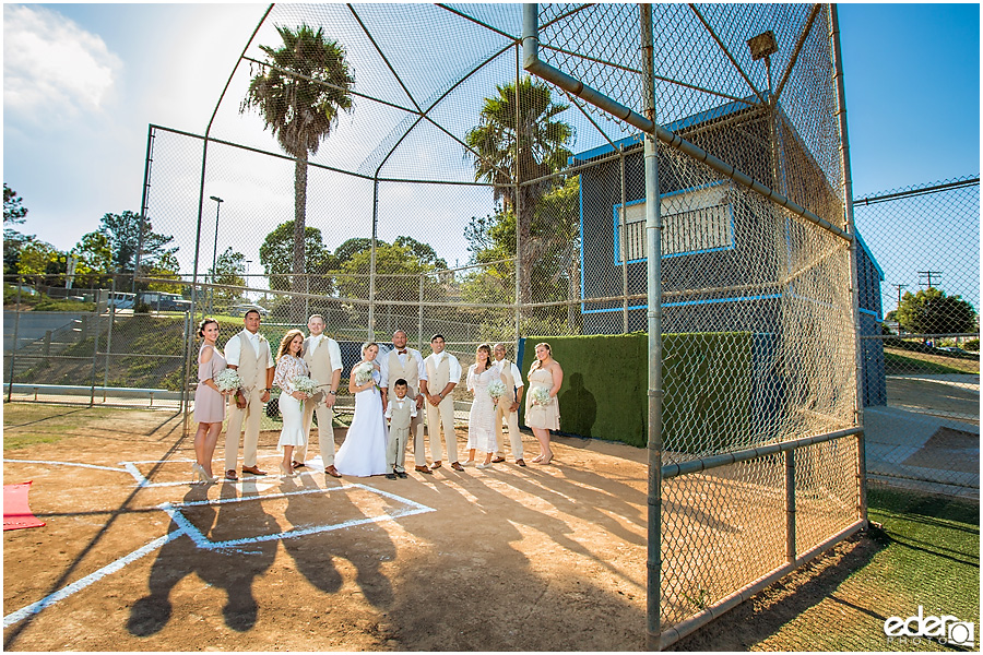 Wedding party photo baseball themed wedding ceremony. 