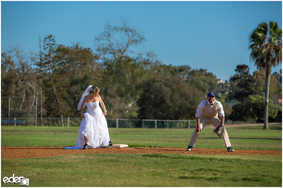 Bride and groom photos after baseball themed wedding ceremony. 