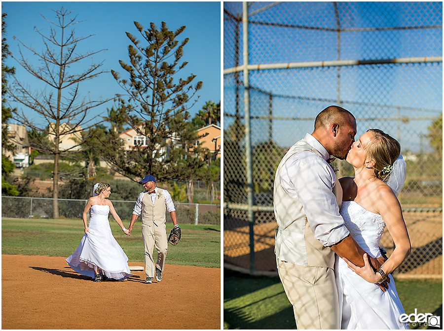 Bride and groom kissing after baseball themed wedding ceremony. 