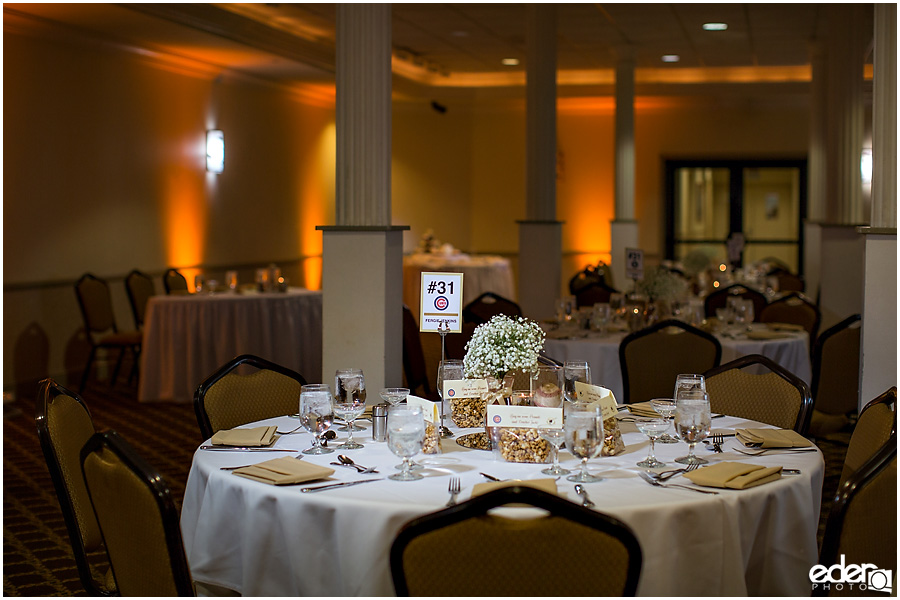 Baseball theme decor at Admiral Kidd Club Wedding. 