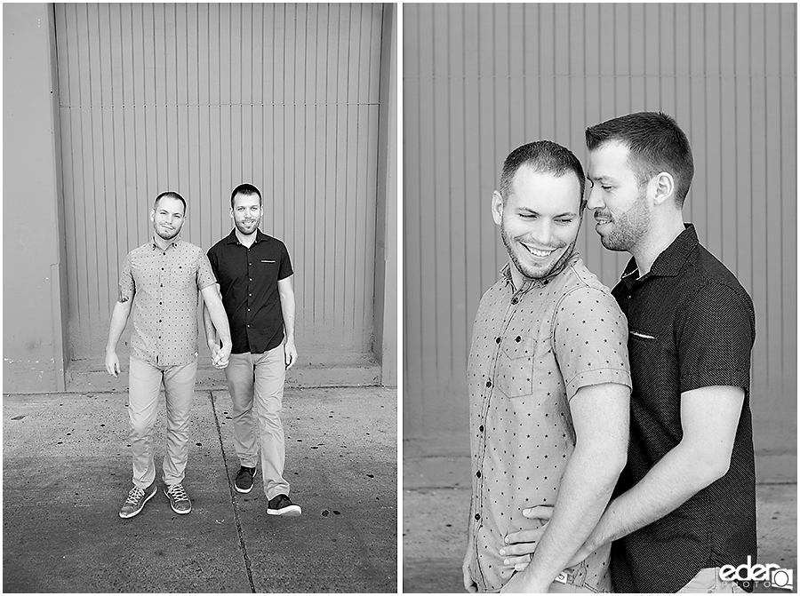 Black and white same sex engagement photos.