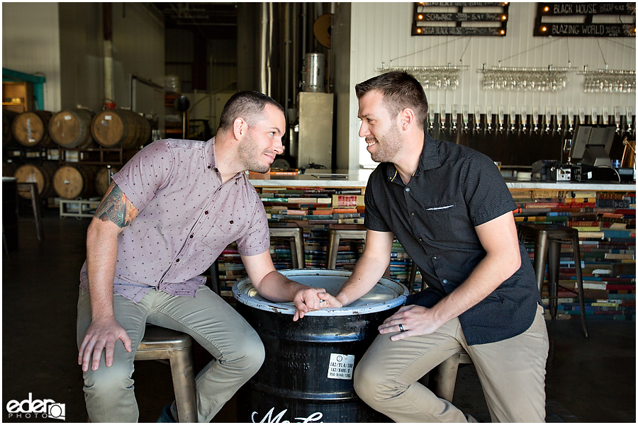 Same sex engagement session with craft beer.