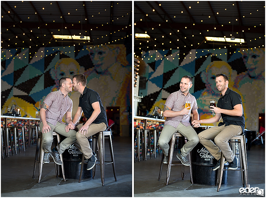 Engagement session with two guys in craft beer brewery.