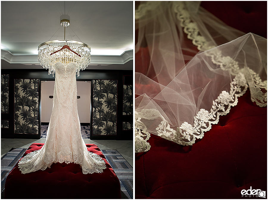 Wedding dress hanging from chandelier at The US GRANT 