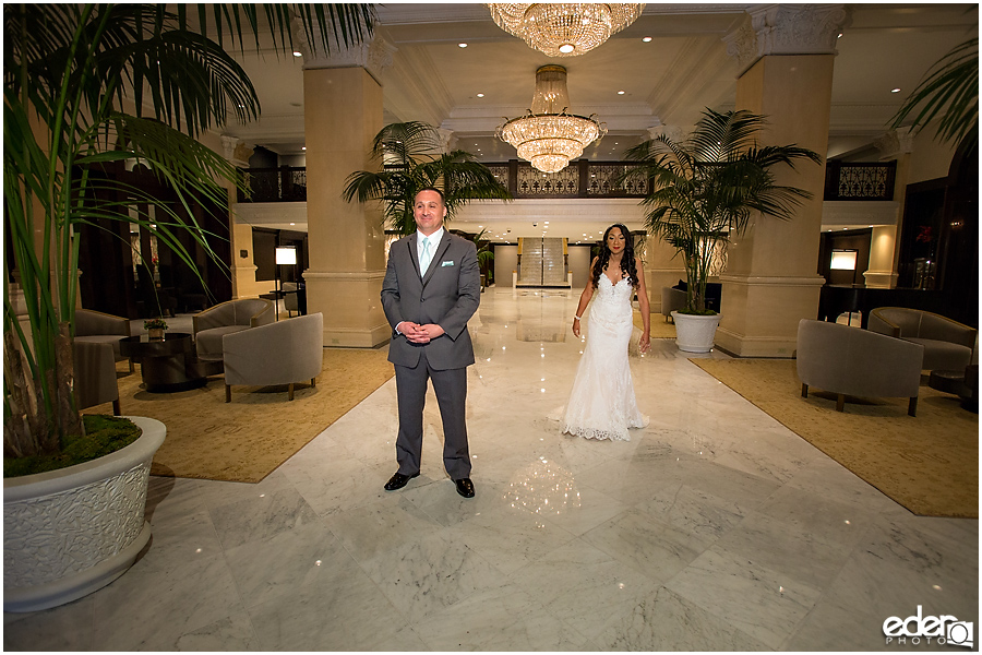 Wedding first look in lobby of The US GRANT