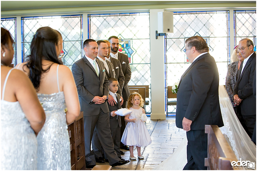 Bride and groom at All Hallows Catholic Church