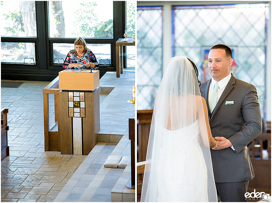 Bride and groom at All Hallows Catholic Church