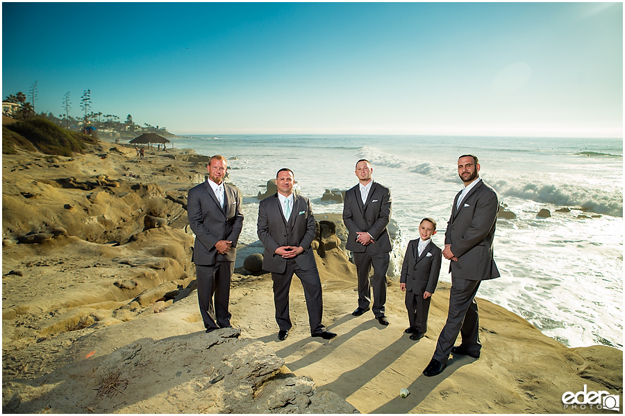 Groomsmen photos at beach in La Jolla. 