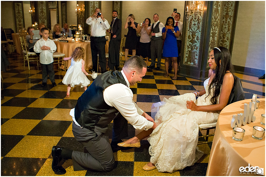 Garter toss at Crystal Ballroom Wedding Reception