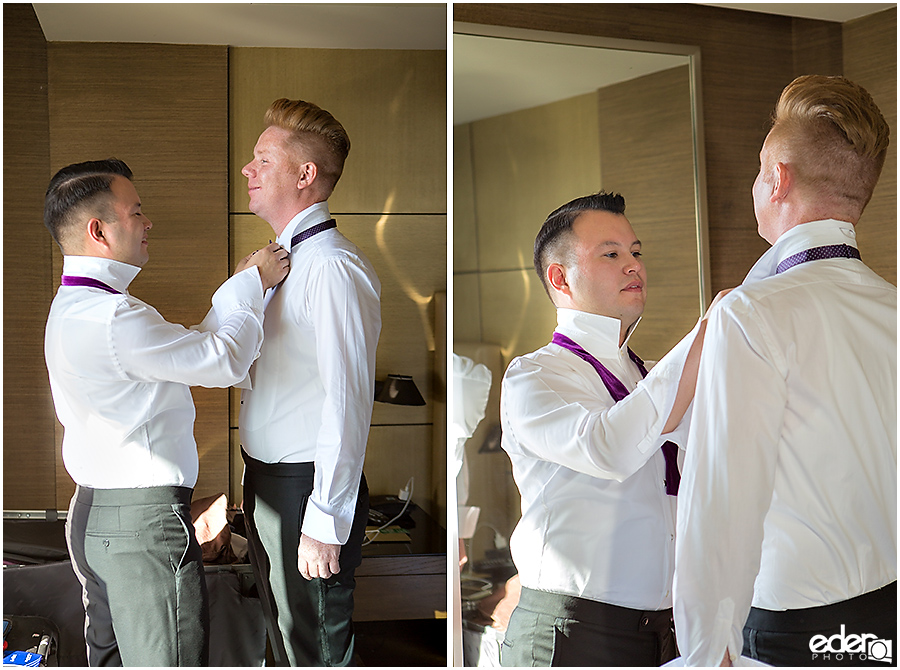 Grooms getting ready for wedding in La Jolla.