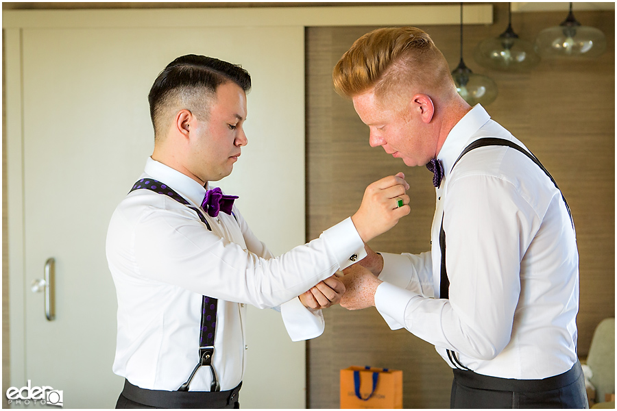 Grooms getting ready for wedding in La Jolla.