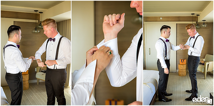 Grooms getting ready for wedding in La Jolla.