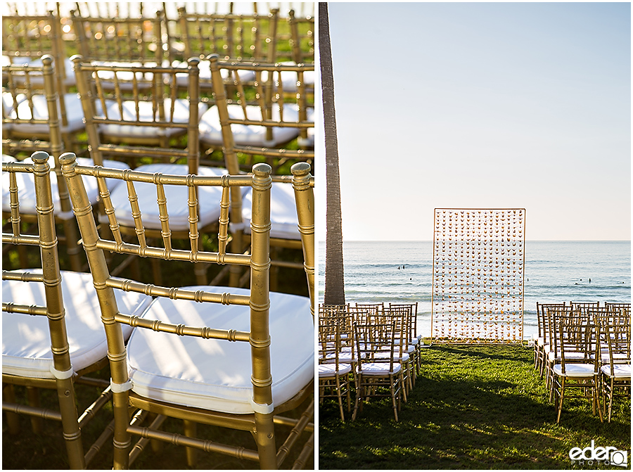 Ceremony decor for wedding at Scripps Seaside Forum.